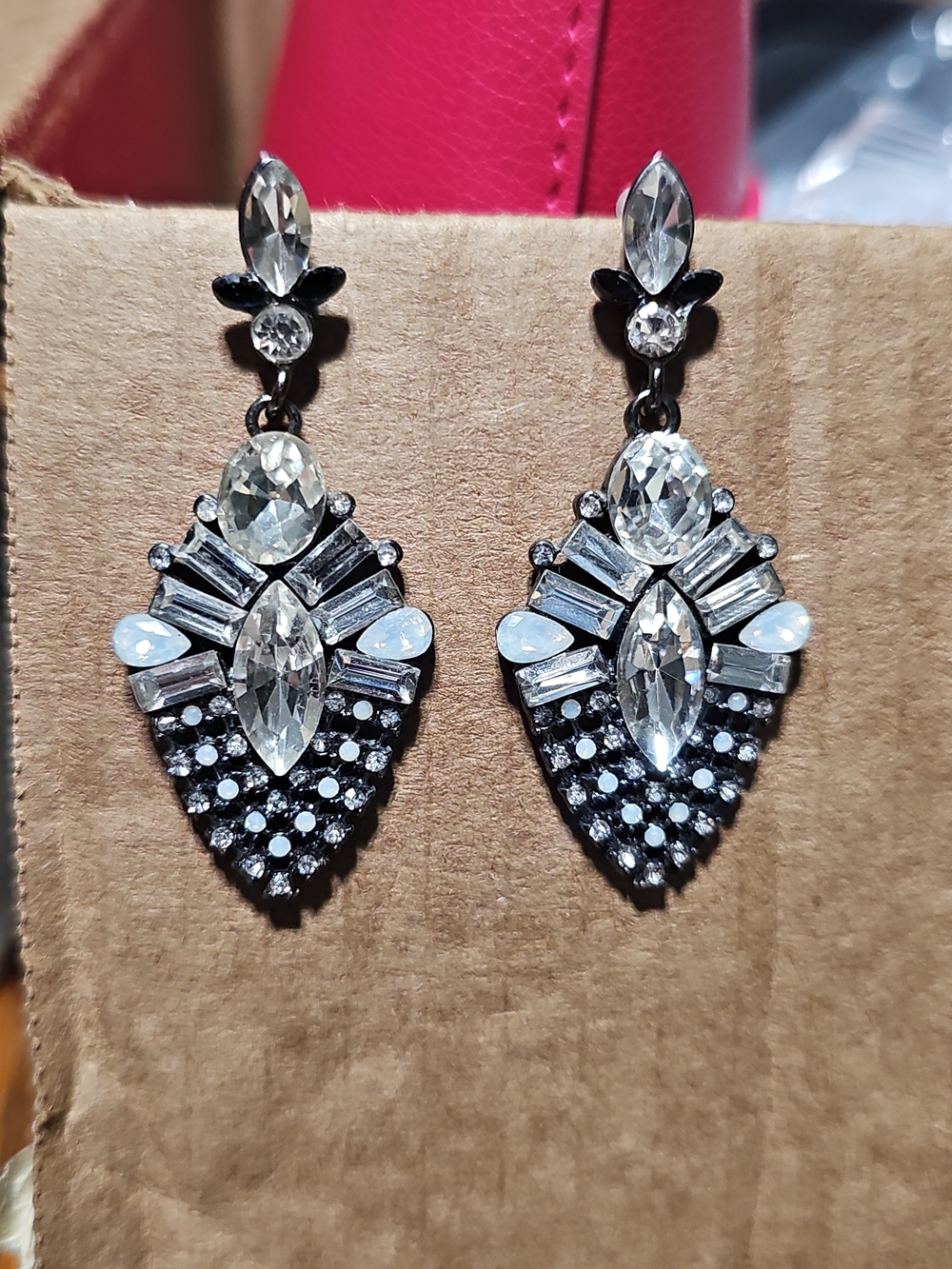 Crystal Drop Statement Earrings - Clear and Black Rinestones & Opal Touch
